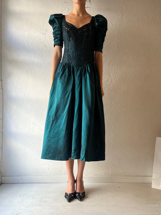 90s Green Lace Formal Dress / Medium
