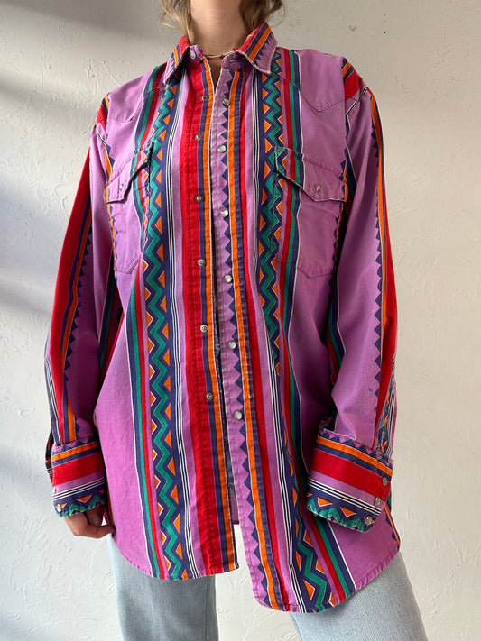 90s 'Karman' Striped Pearl Snap Western Shirt / Large