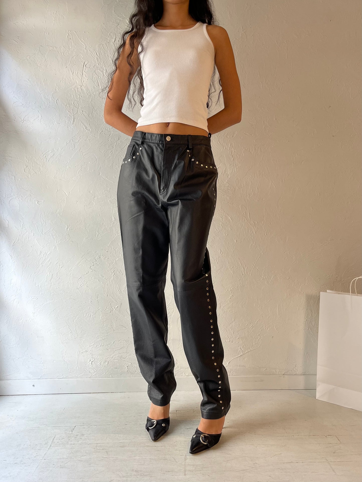 90s 'Newport News' Black Leather Pants / Medium