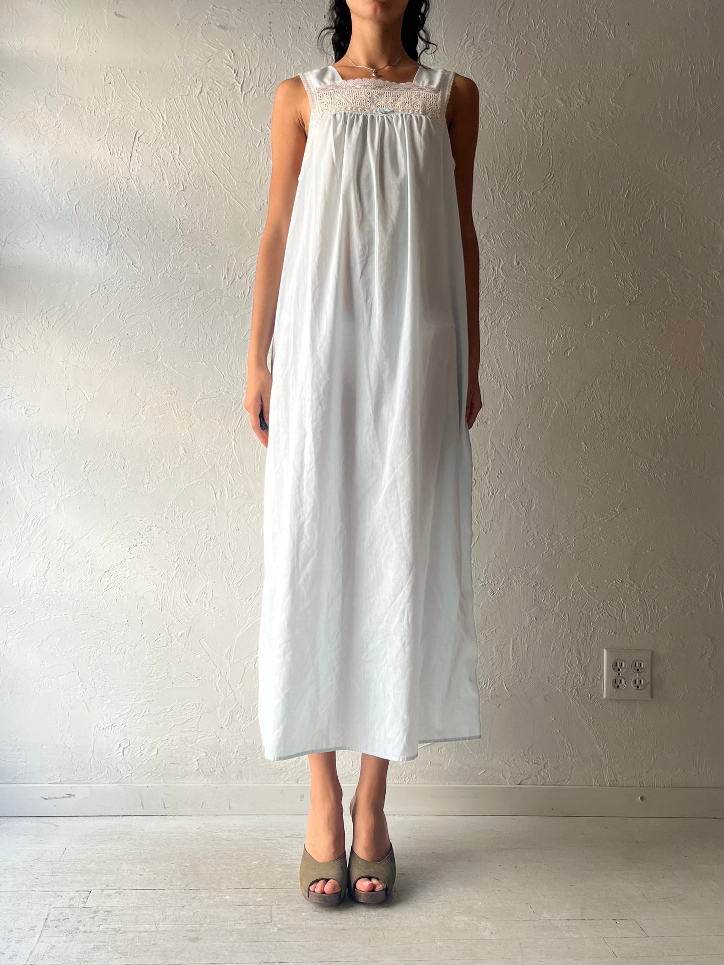 Vintage 'French Maid' Blue Cotton Maxi Dress / Medium