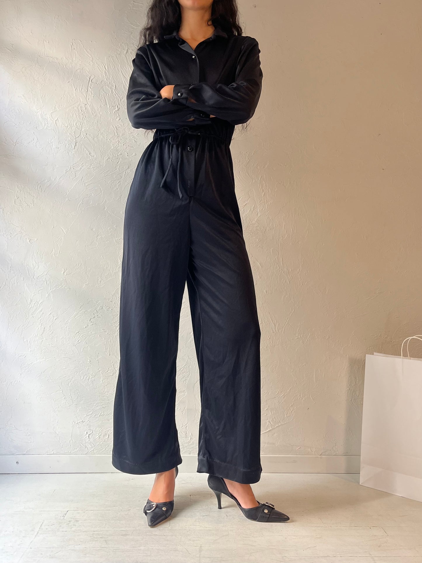 Vintage Handmade Black Silky Jumpsuit / Small