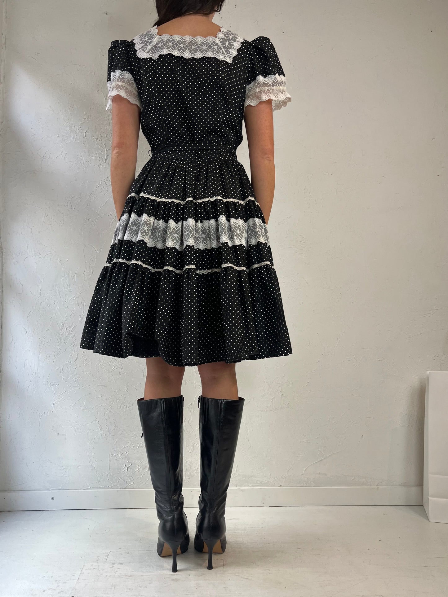 90s Handmade Black Polka Dot Western Puff Sleeve Dress / Small