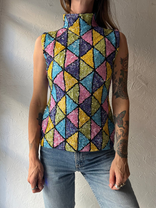 80s Geometric Sequin Sleeveless Top / Small - Medium