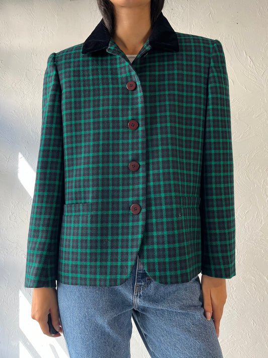 90s 'Jones New York' Green Wool Plaid Jacket / Large