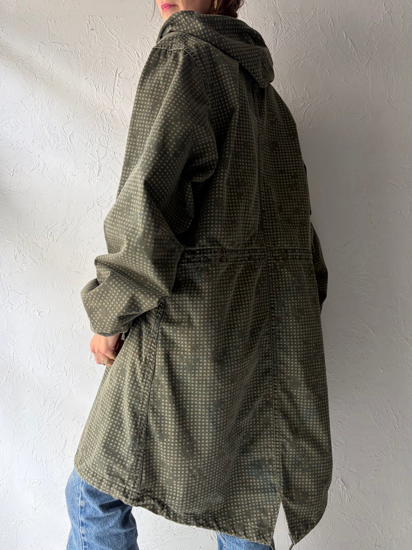 90s Authentic Green Army Hooded Camouflaged Streetwear Fishtail Parka Coat / Vintage 1990s Grunge Military Field Jacket / Medium