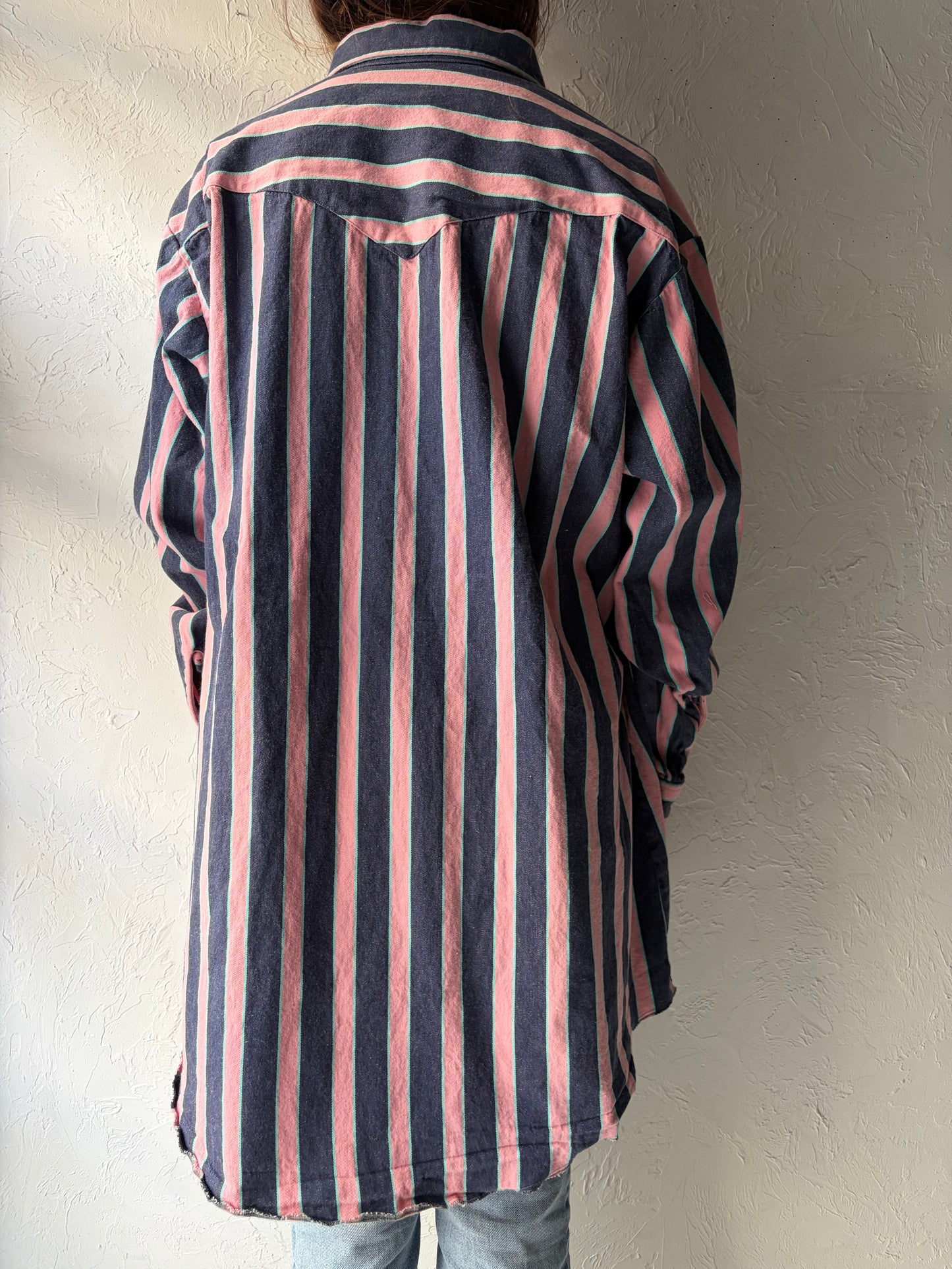 90s 'Saddle King' Pink Stripped Retro Western Button Up Shirt / Vintage 1990s Cowboy Work Wear Shirt / XL