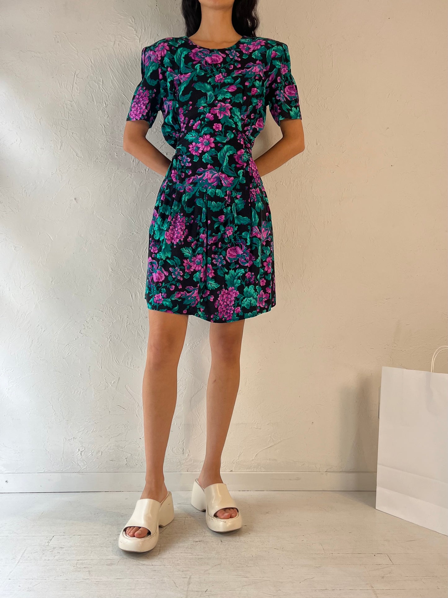 80s 'Vittoria Virini' Floral Print Midi Dress / Medium