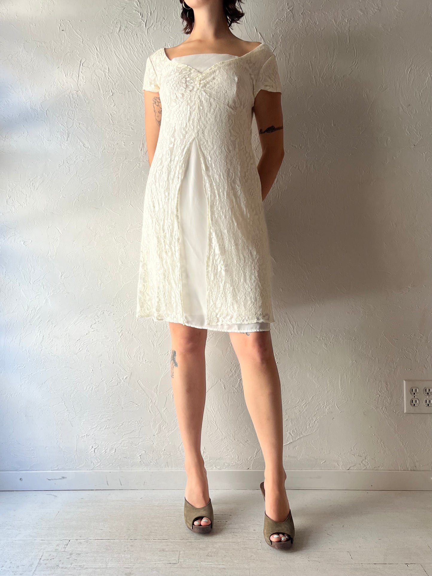 90s 'SL Fashions' White Lace Dress / Medium