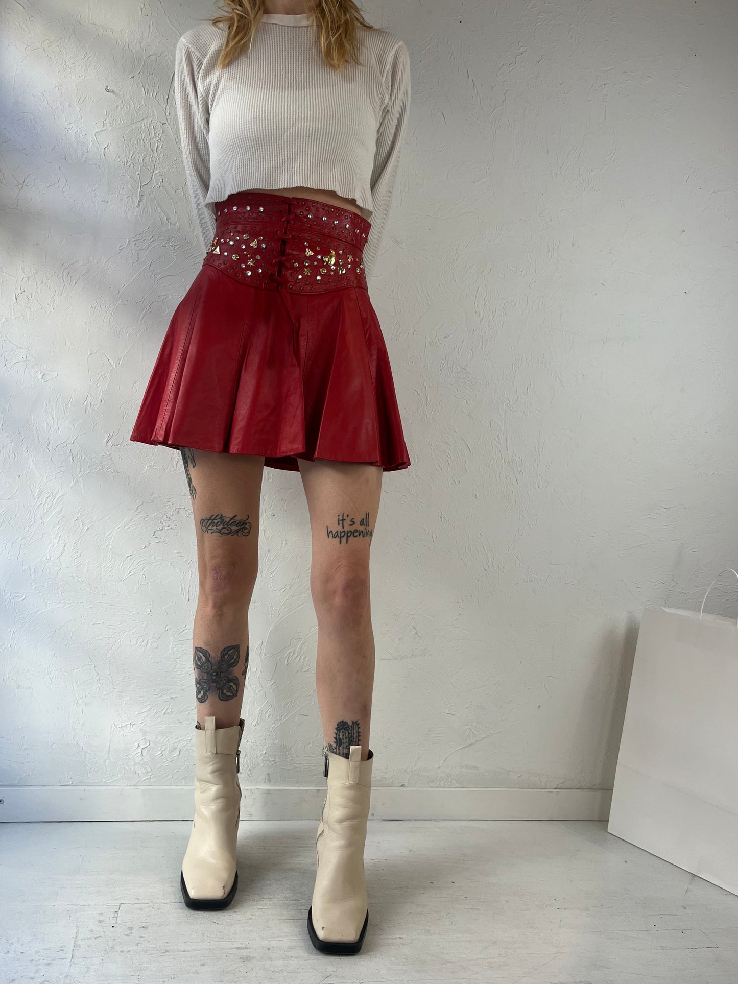 80s Red Leather Mini Skirt / Small