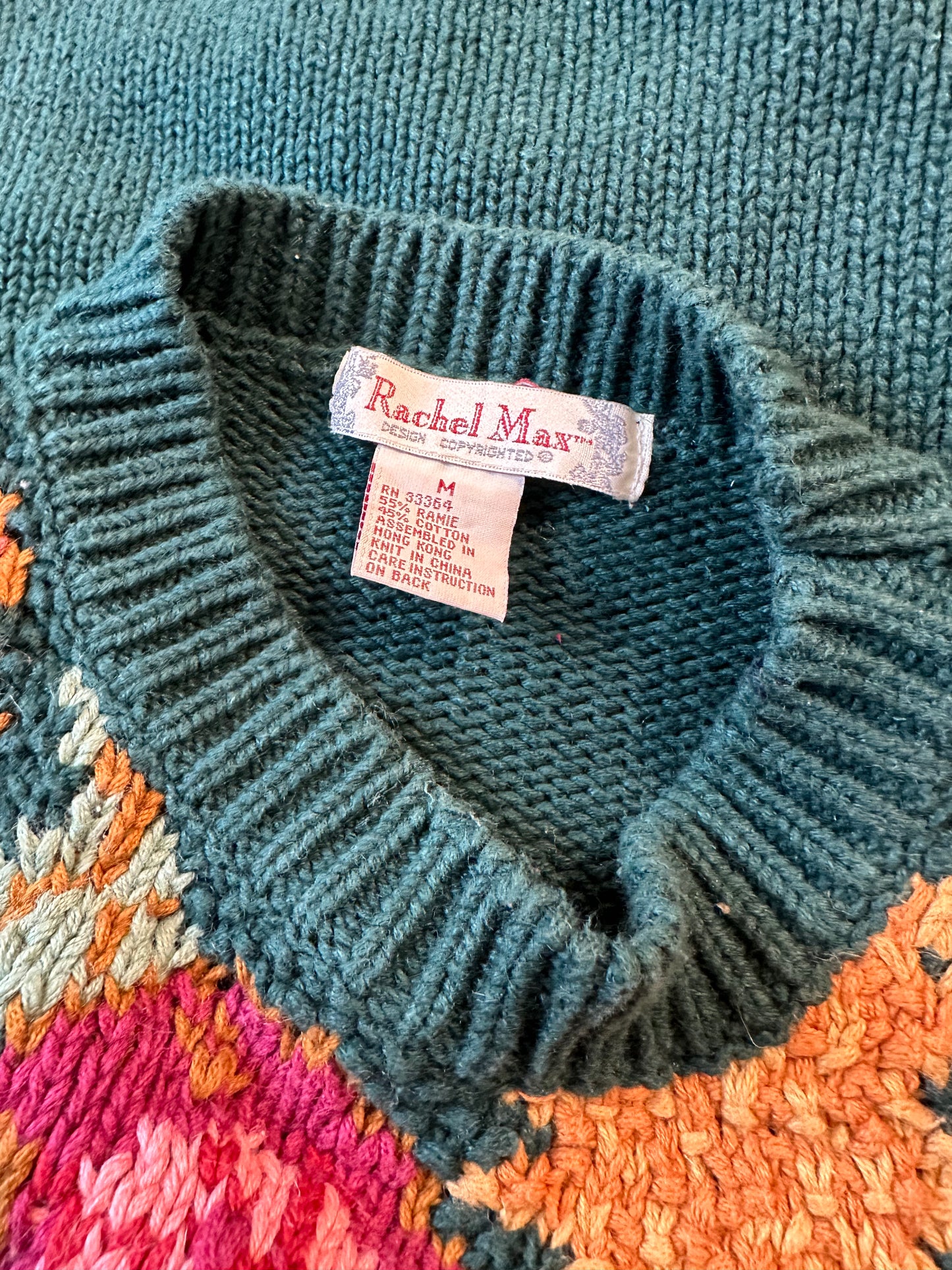 Y2K 'Rachel Max' Green Floral Knit Sweater / Medium