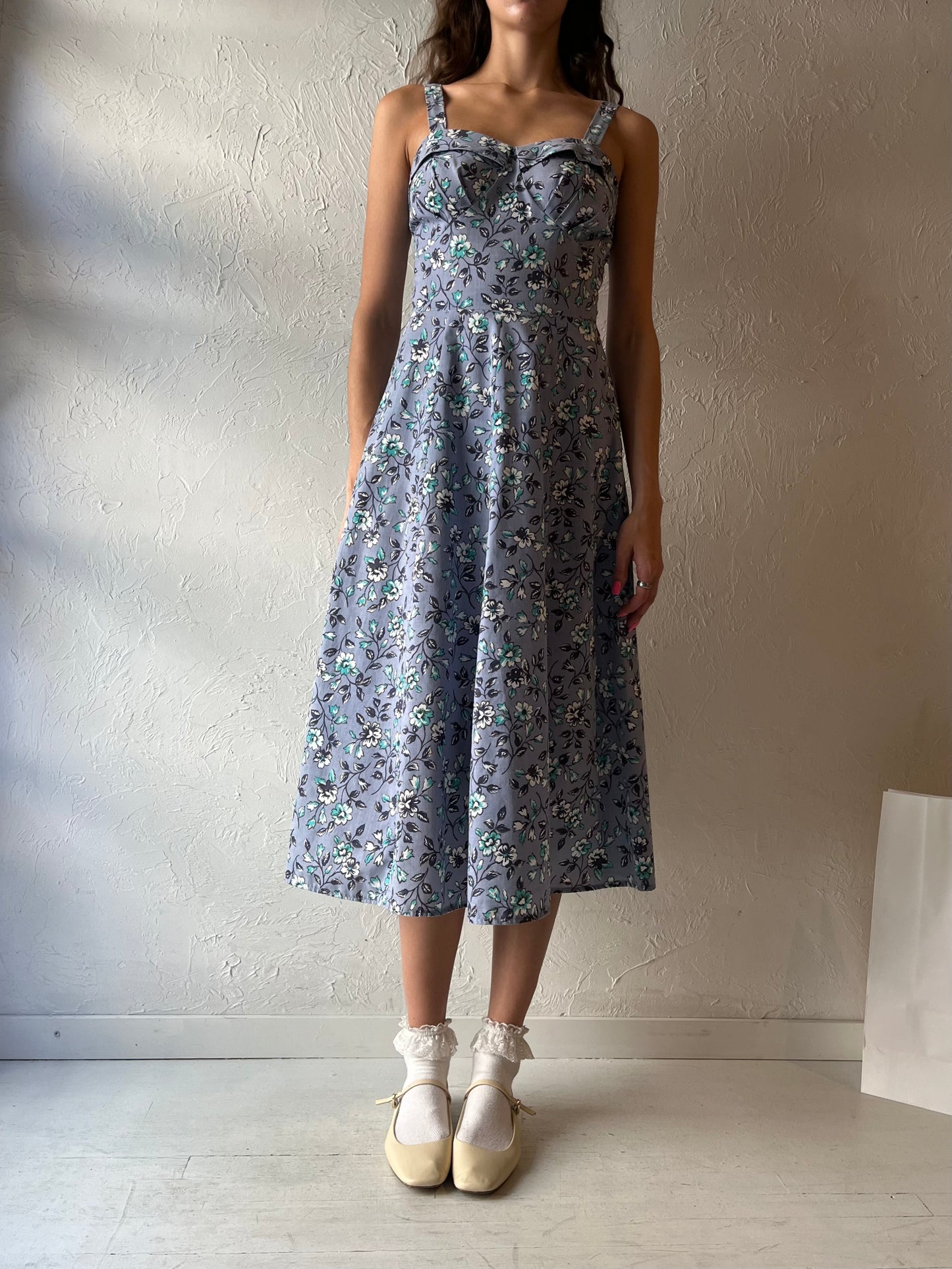 Vintage Handmade Blue Floral Print Midi Dress / Small