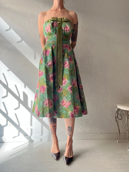 50s Handmade Floral Strapless Midi Dress / Medium