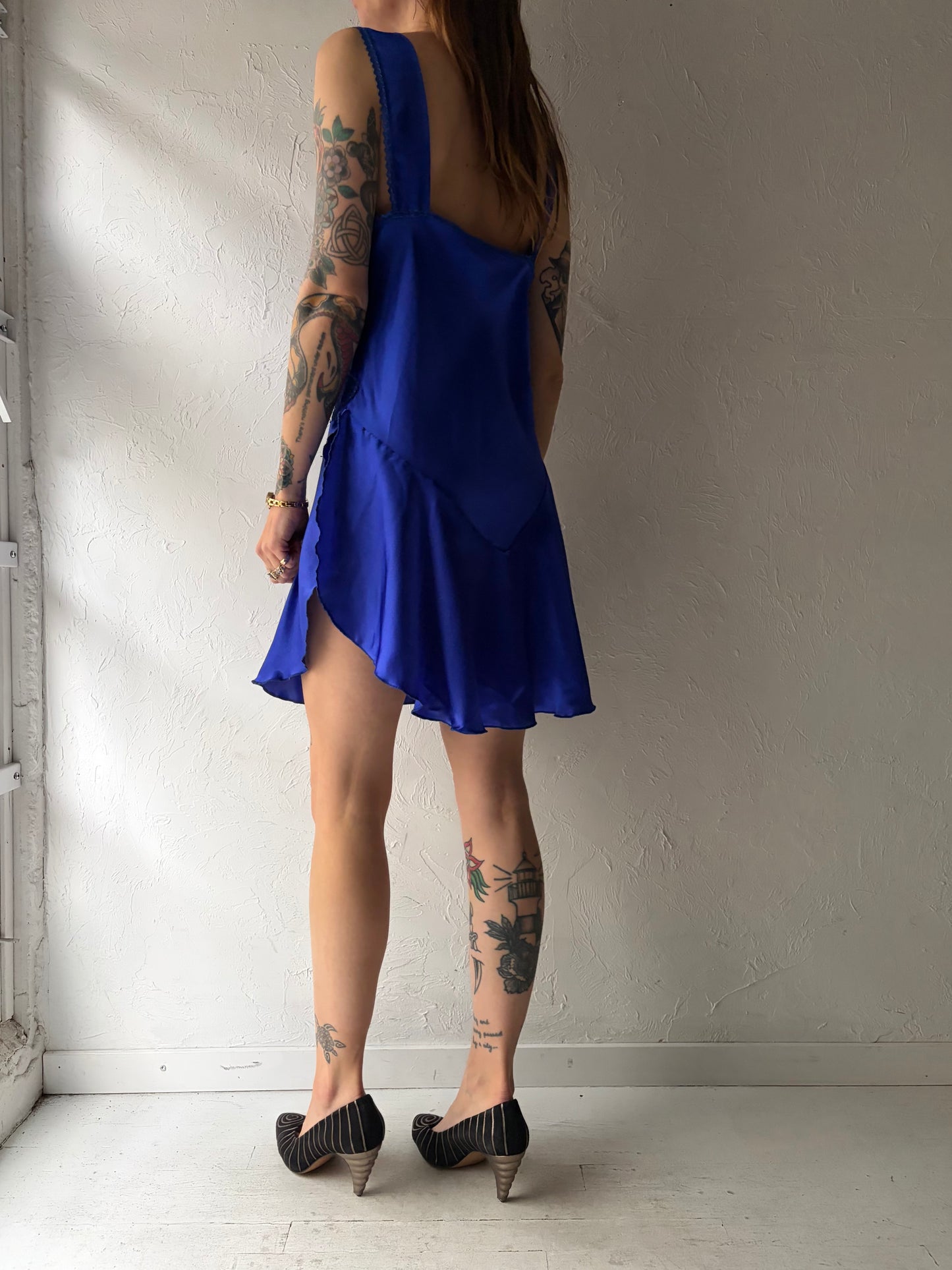 90s 'Ashley Taylor' Vintage Romantic Blue Lingerie Slip Mini Dress / Medium
