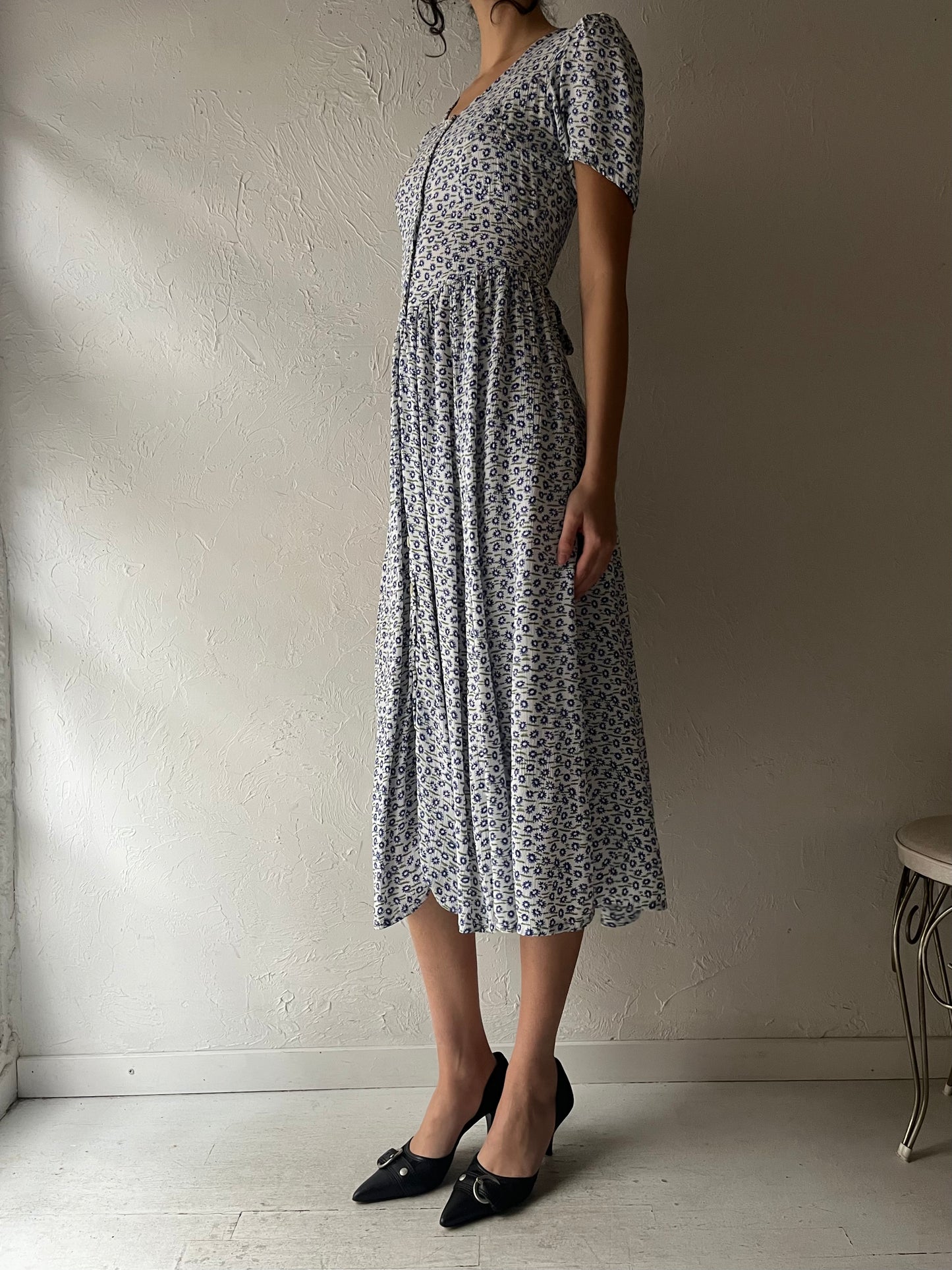 90s 'Pioko' Blue Floral Rayon Dress / Small