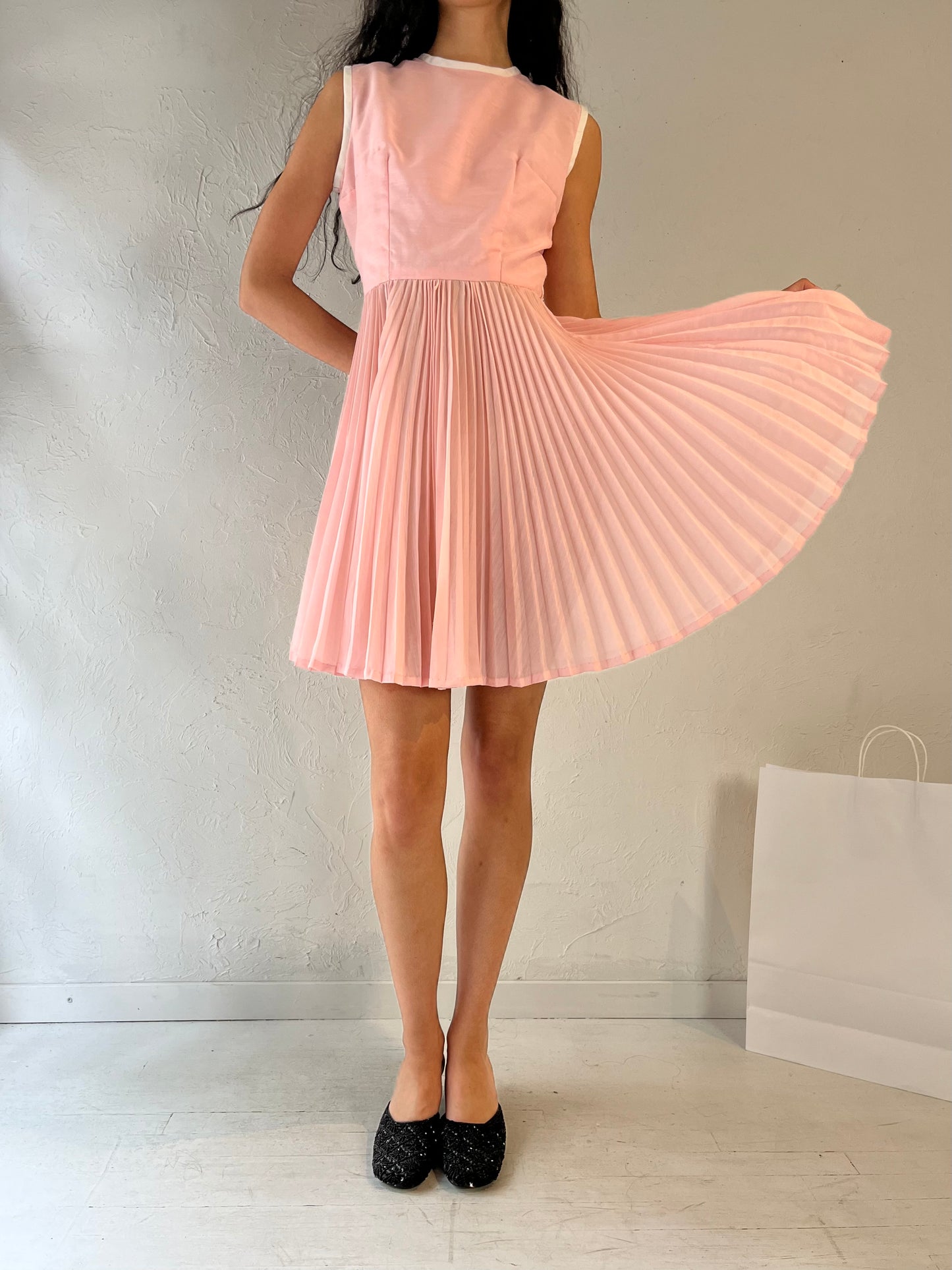 70s 'Windsor Dress' Pale Pink Pleated Dress / Small