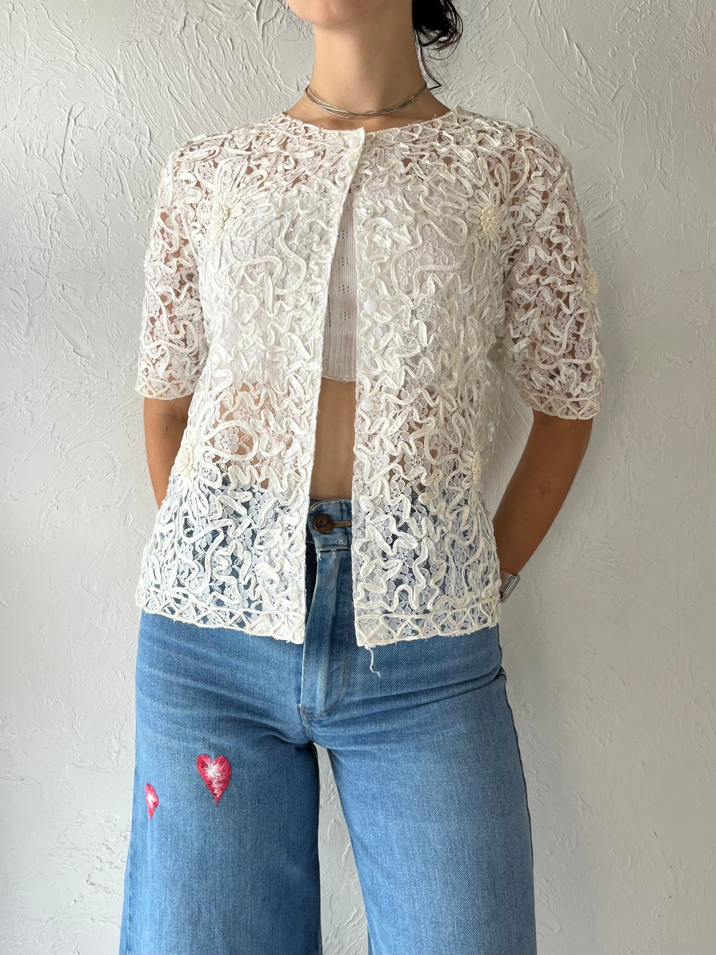 Y2K 'Yalenti' White Rayon Lace Short Sleeve Cardigan Top / Small