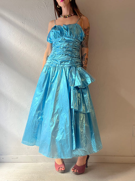 80s 'Candi Jones' Blue Metalic Formal Retro Prom Dress / Medium