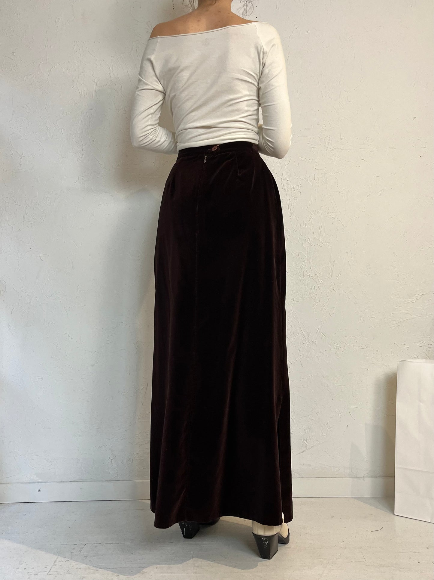 80s 'Tanjay' Brown Velvet Maxi Skirt / Union Made / XS