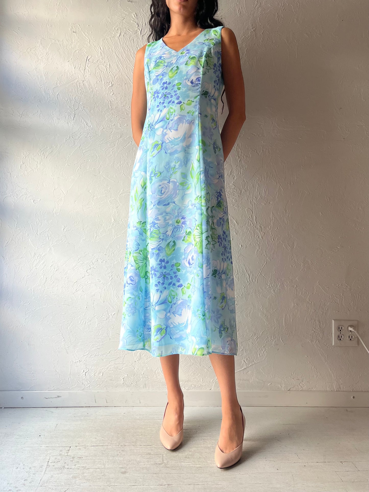 90s 'Danny & Nicole' Blue Floral Midi Dress / Medium