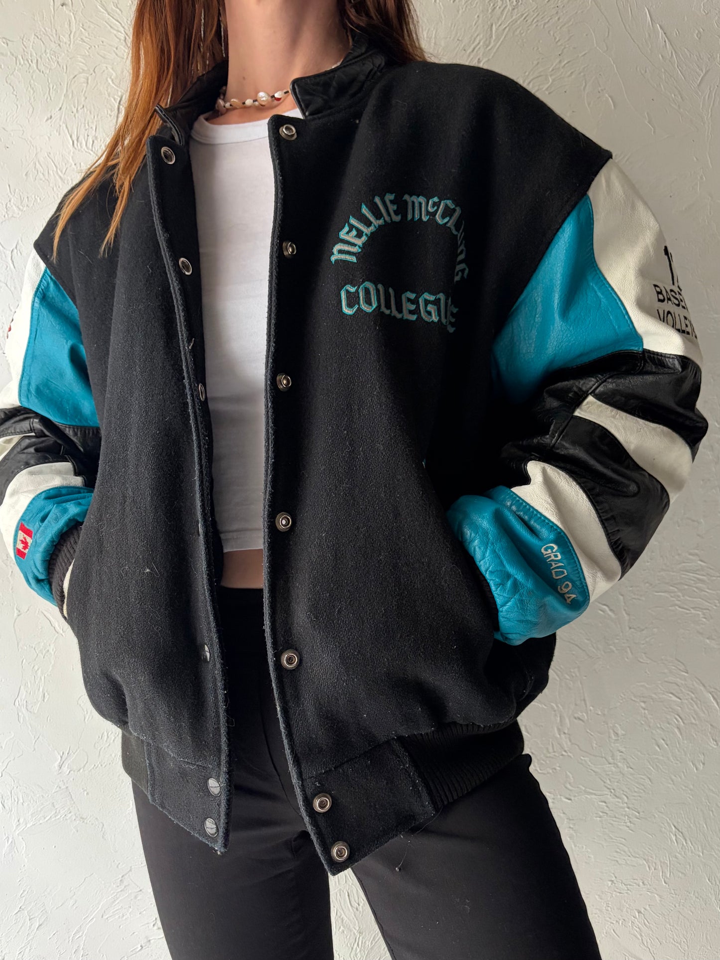 90s Collegiate Leather Wool Bomber Jacket / Medium - Large