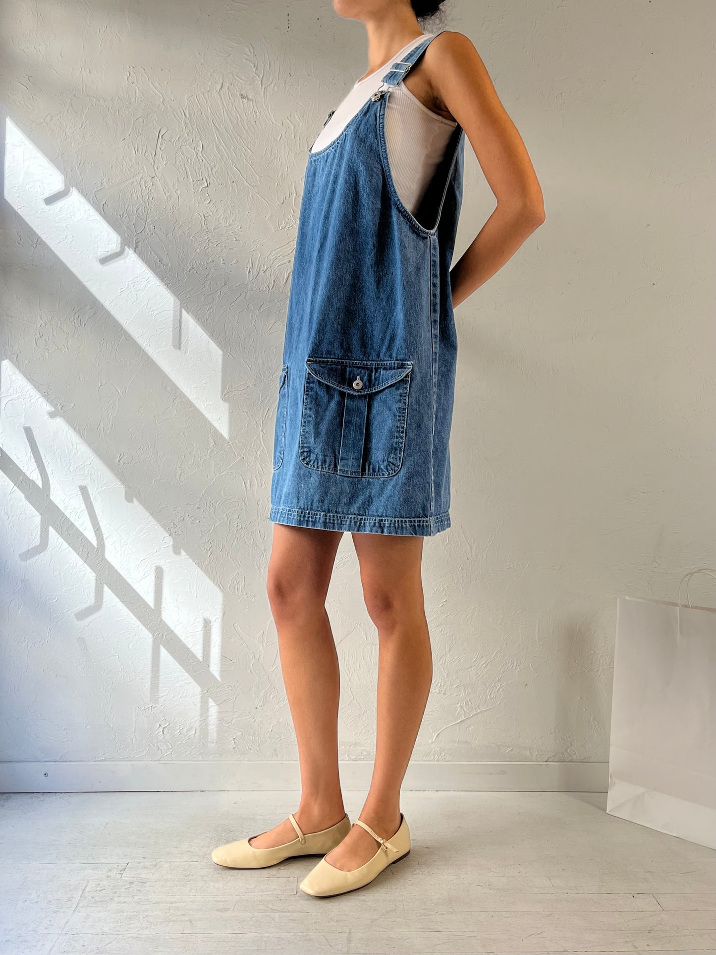 90s ‘Faded Glory’ Denim Mini Overall Dress / Medium