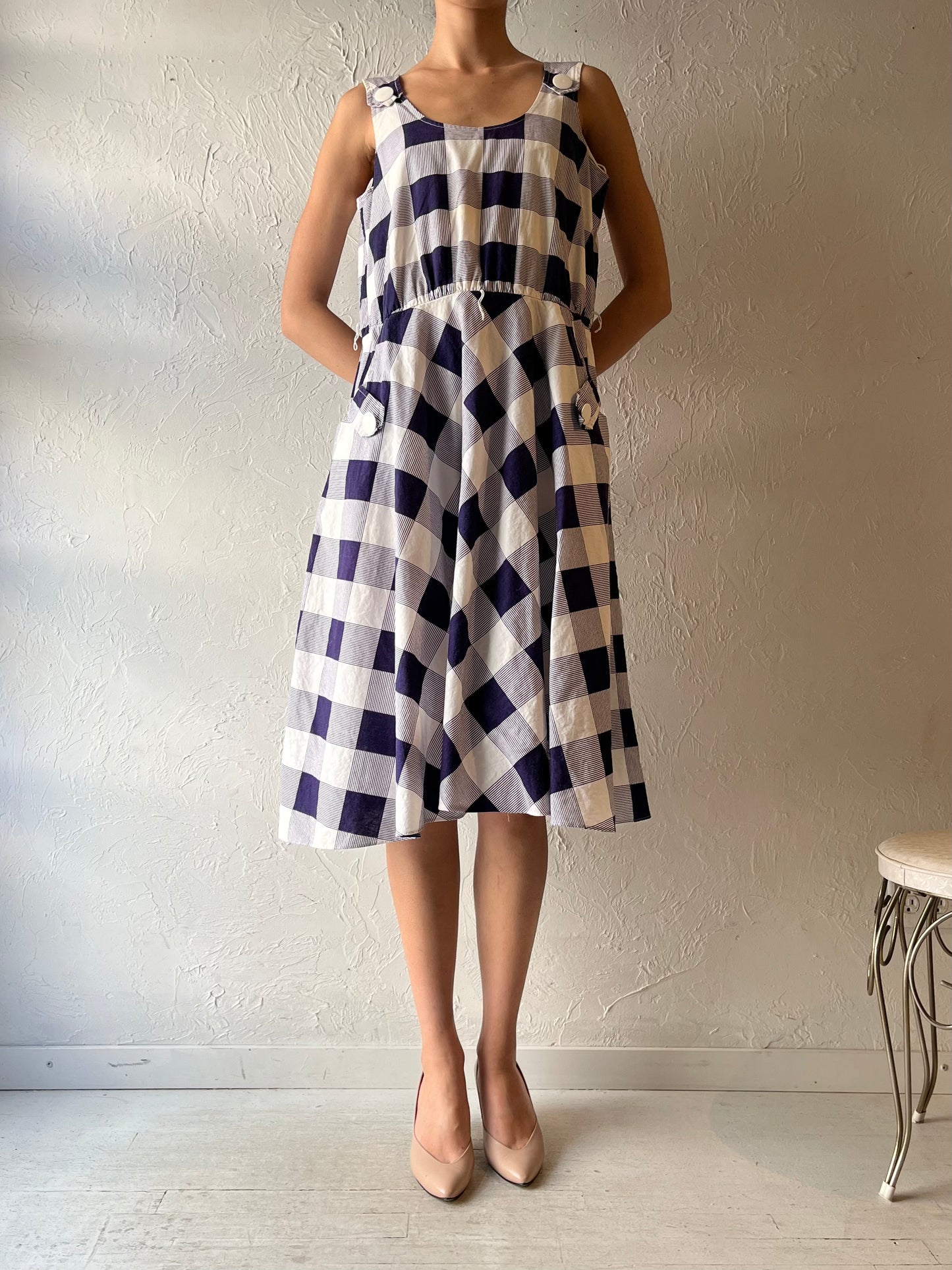 80s 'Algo'  Blue Plaid Cottagecore Summer Dress / Vintage 1980s Boho Garden Party Sundress / Large