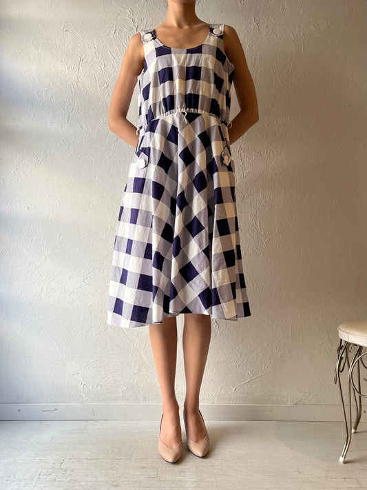 80s 'Algo'  Blue Plaid Cottagecore Summer Dress / Vintage 1980s Boho Garden Party Sundress / Large