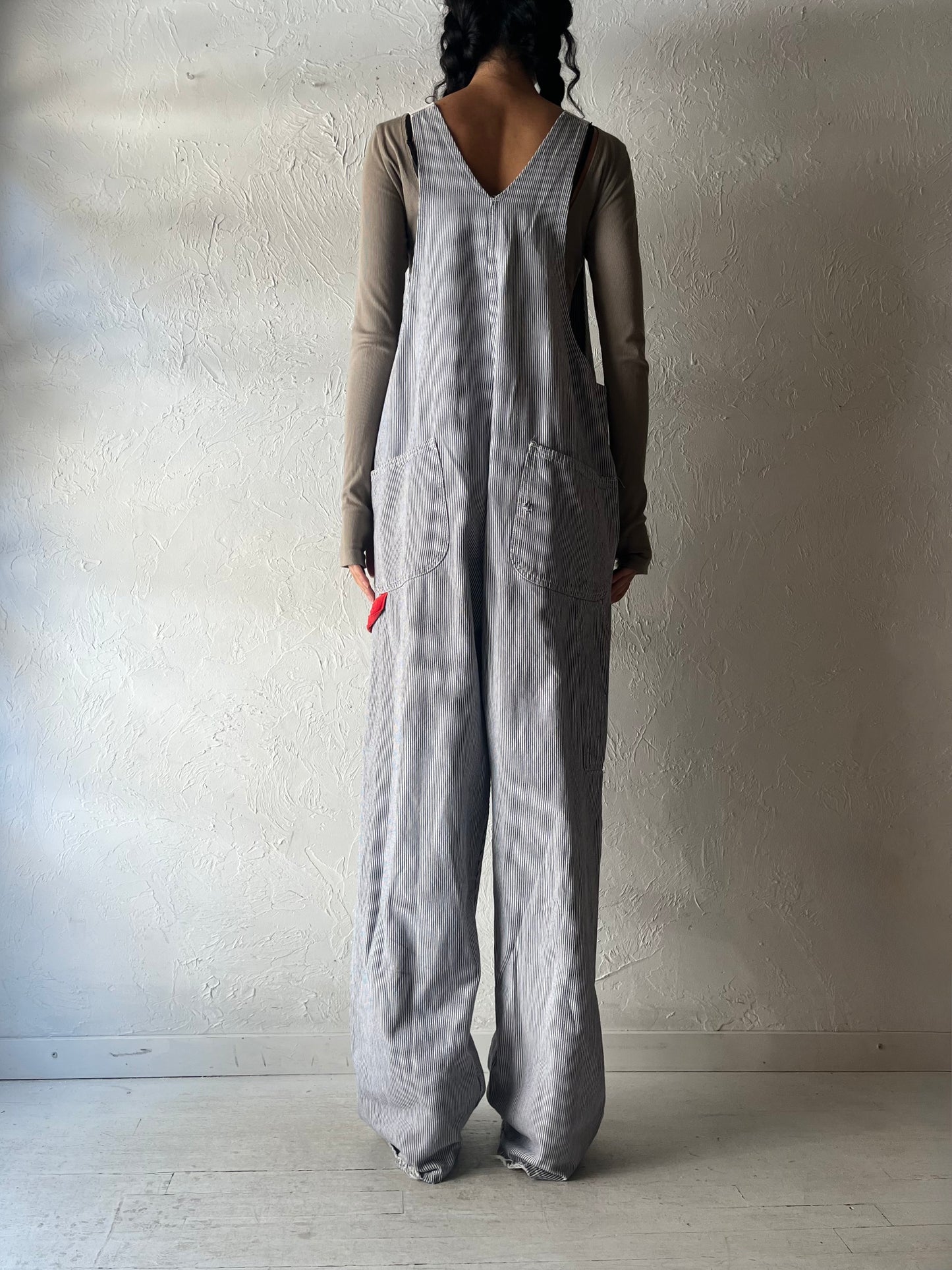80s 'GWG' Pinstripe Denim Work Wear Overalls / Large
