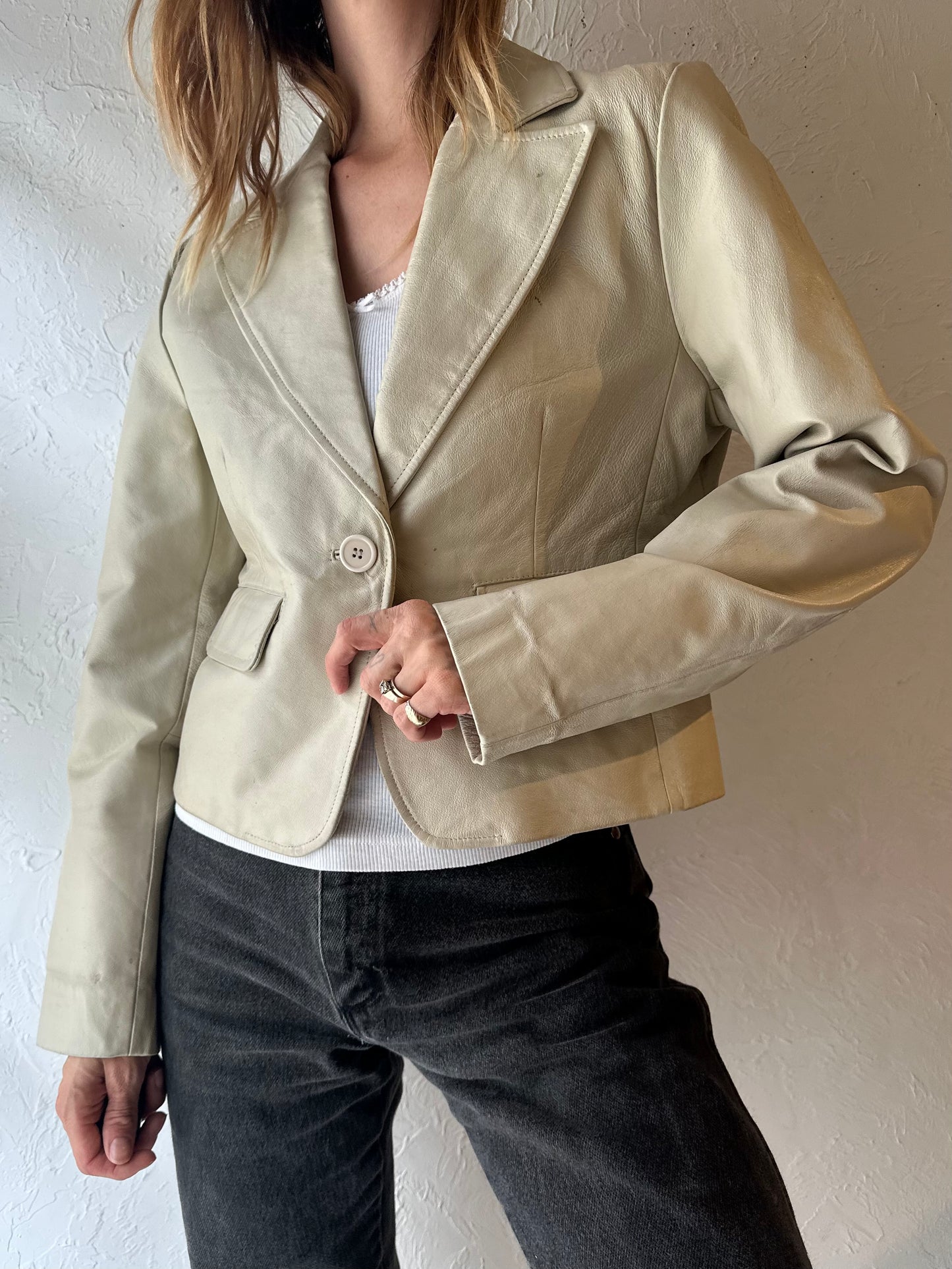 Y2K ‘OXYHO’ White Leather Jacket / Large