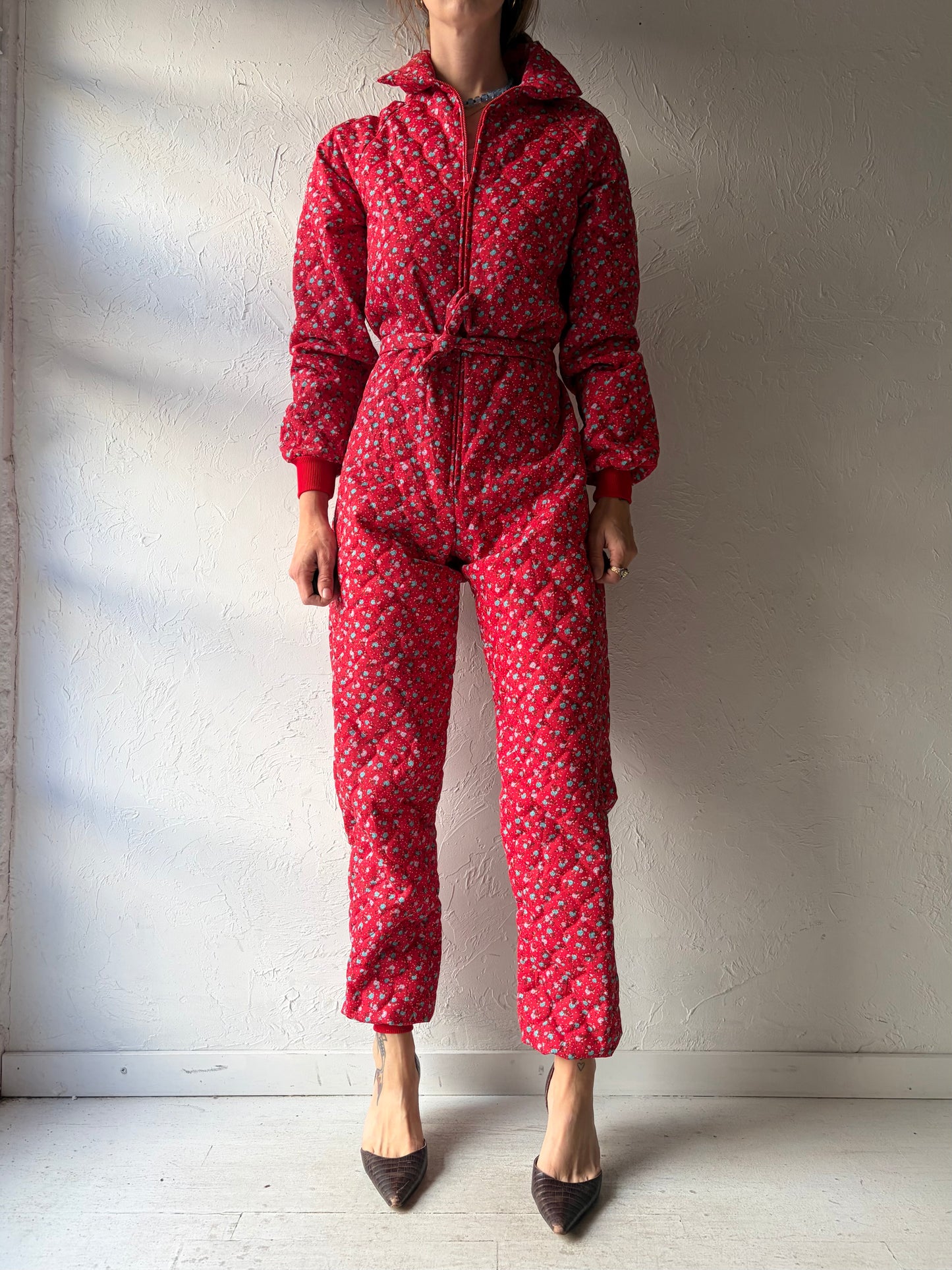 80s 'G. Caseratti' Red Floral Print Quilted Retro Cottagecore Jumpsuit / Small