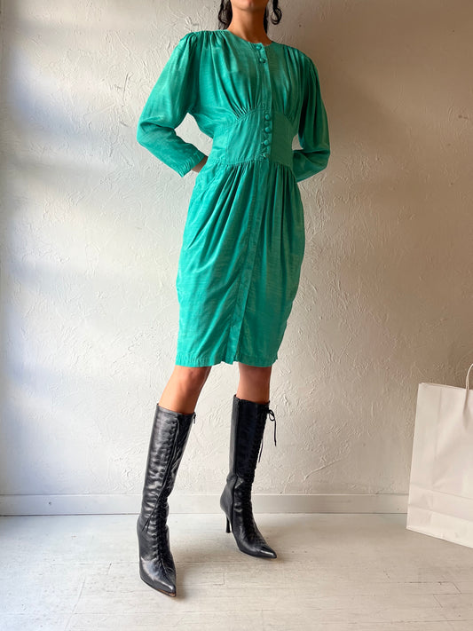 Vintage Green Long Sleeve Mod Rayon Dress / Medium