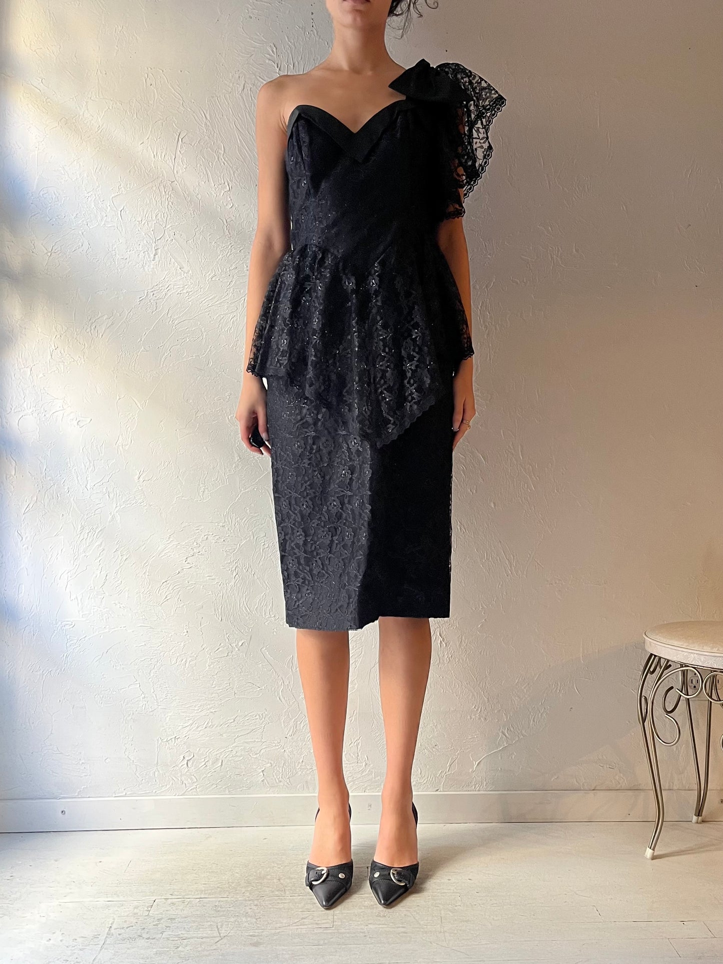 80s ‘Collections’ Black Lace Midi Formal Dress / Medium