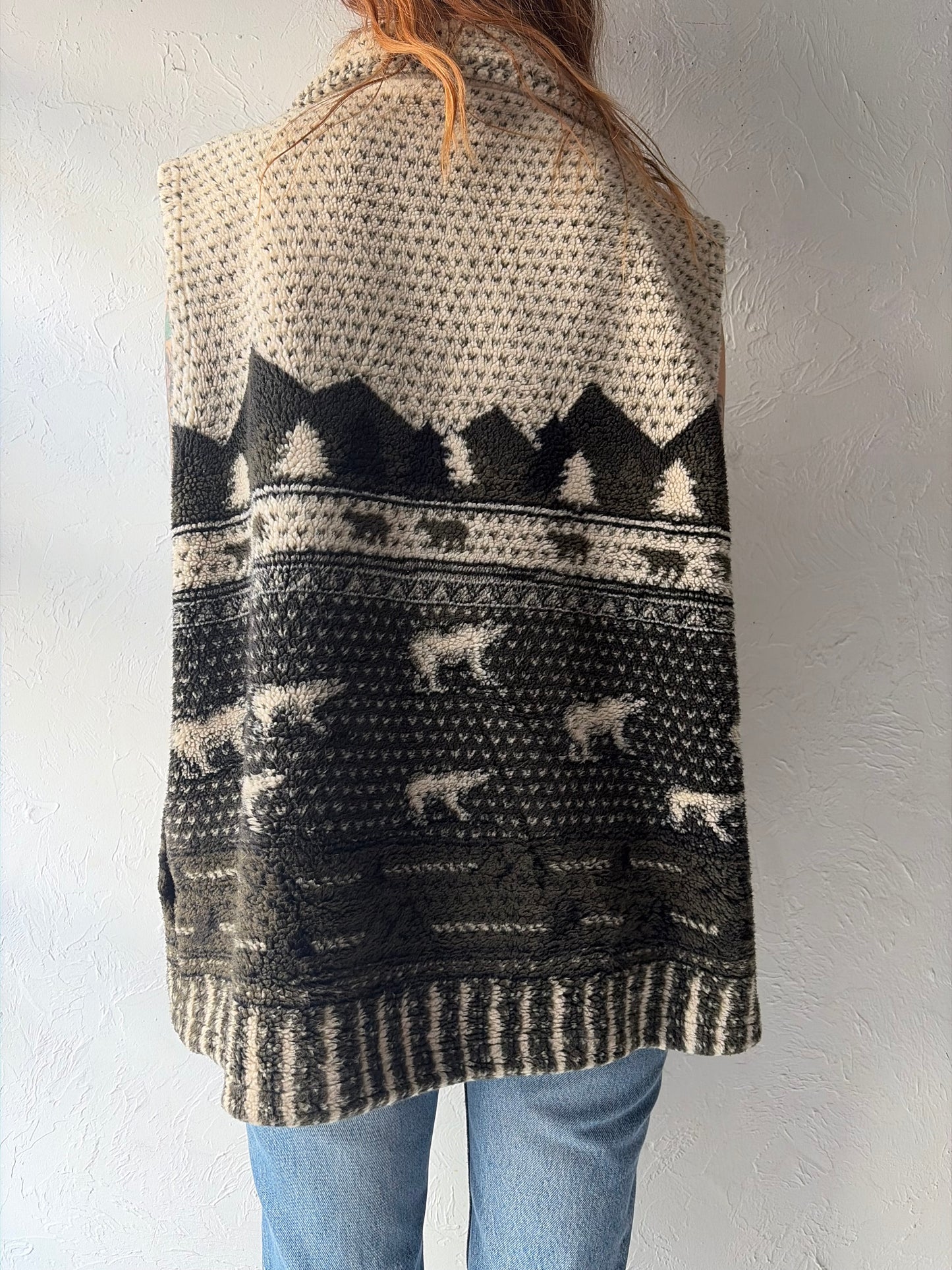 80s 'Marshlands' Animal Print Fleece Outdoor Winter Vest / Large