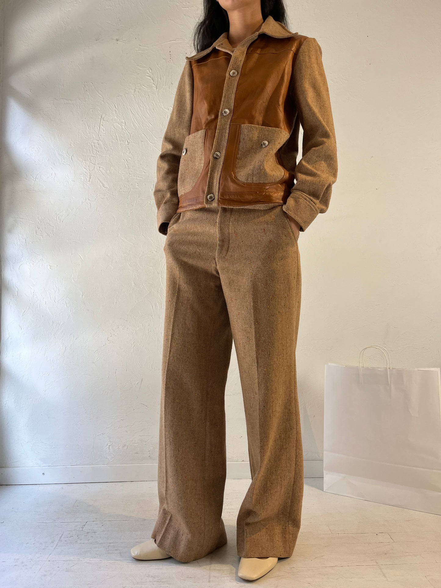 70s 'Oggi' Beiege Knit Matching Pants Jacket Set / Medium