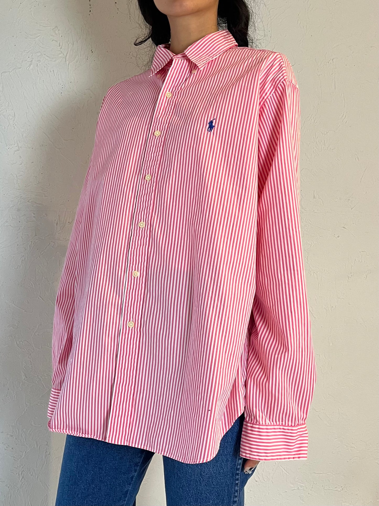 Y2K ‘Ralph Lauren’ Pink Pin Stripe Button Up Shirt / XL