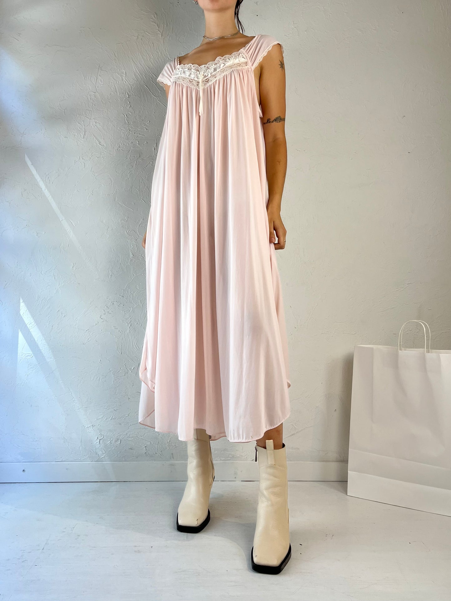 90s 'Miss Elaine' Pale Pink Sheer Night Dress / Large