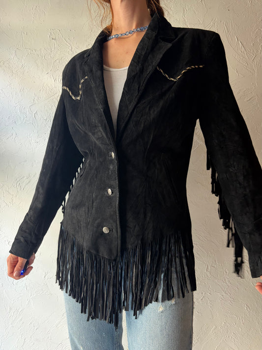 90s 'Pioneer Wear' Black Suede Leather Fringe Jacket / Medium