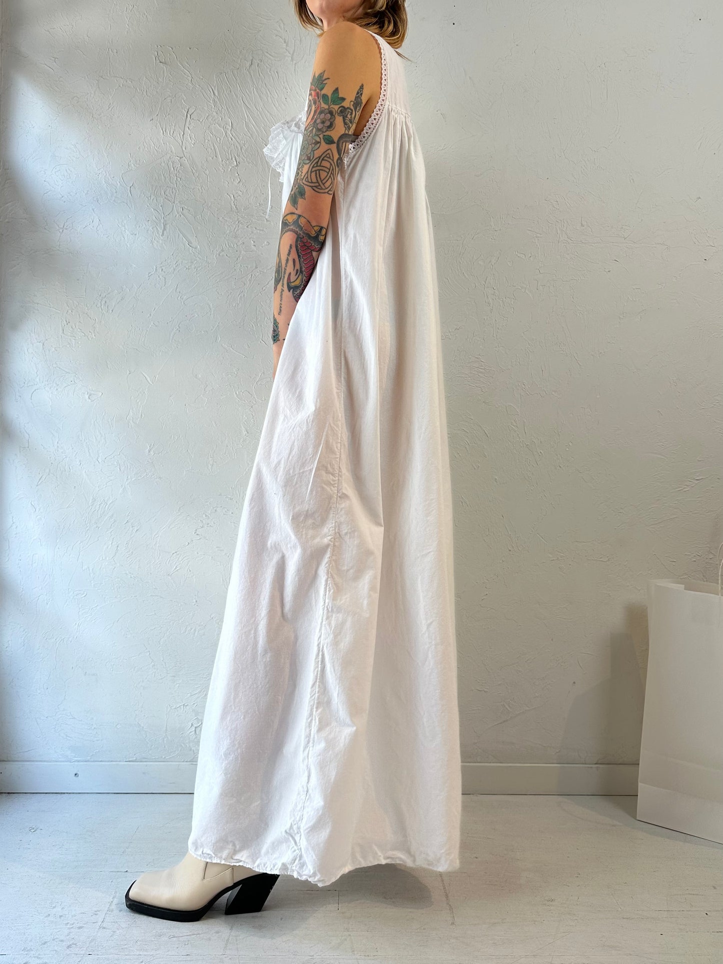 Vintage White Cotton Sleeveless Maxi Dress / Large