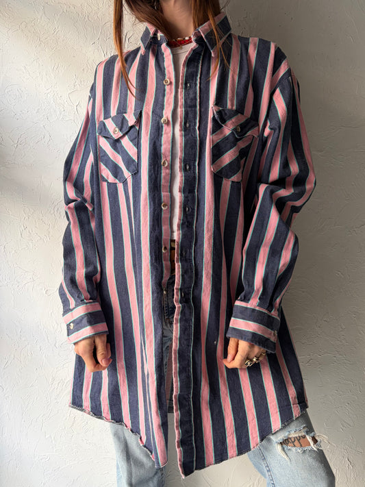 90s 'Saddle King' Pink Stripped Retro Western Button Up Shirt / Vintage 1990s Cowboy Work Wear Shirt / XL