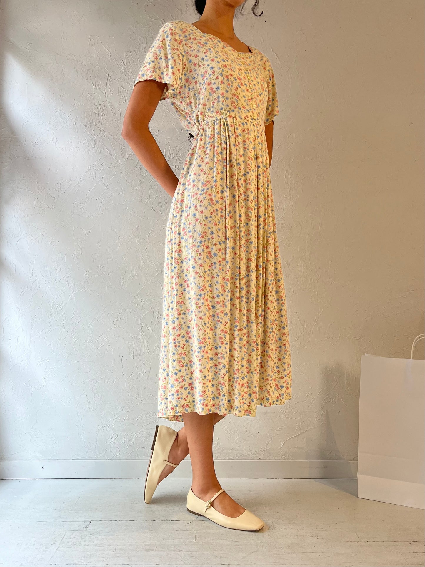 90s 'Erika' Pale Yellow Floral Print Rayon Dress / Medium