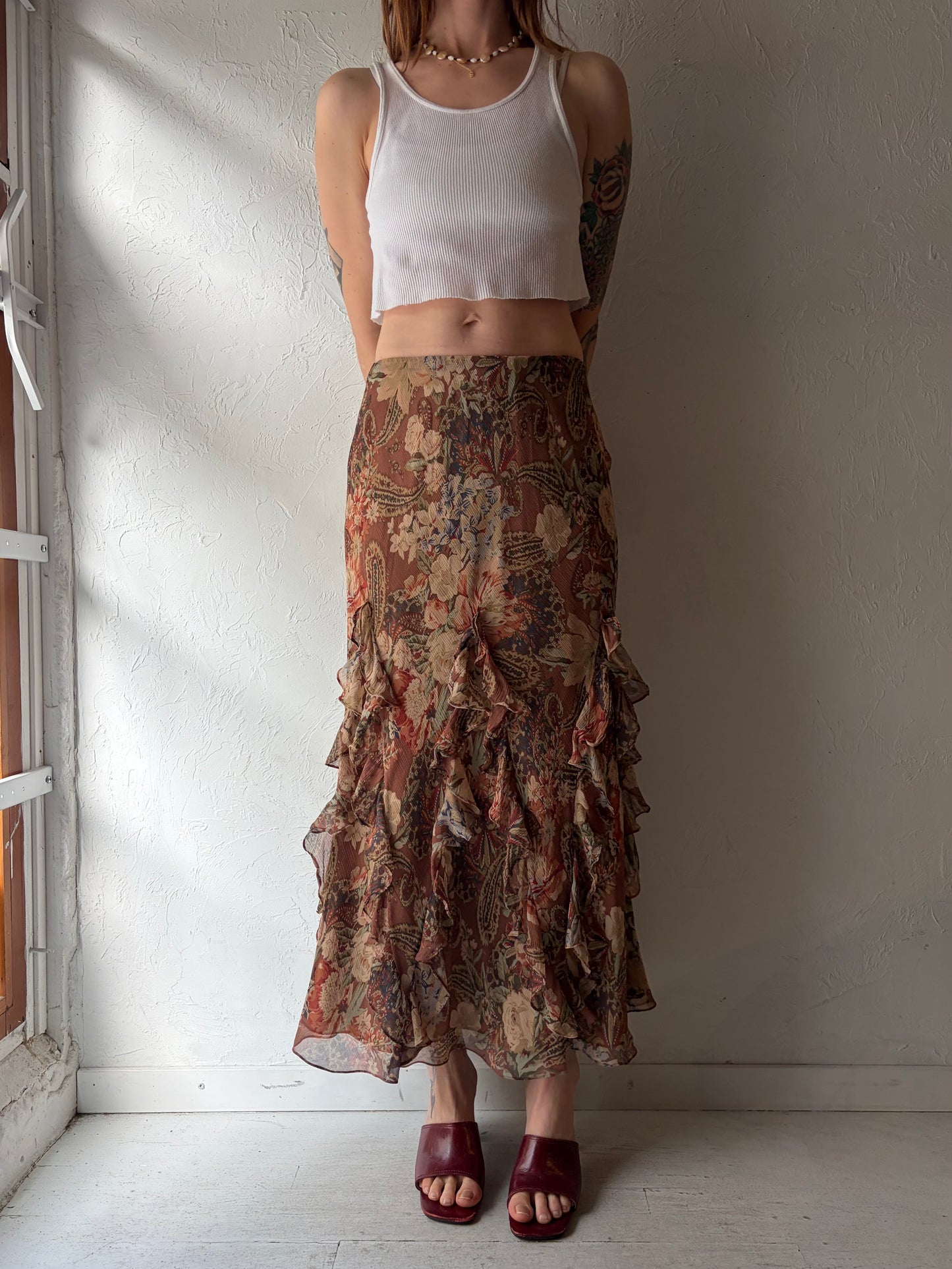 Vintage 'Ralph Lauren' Floral Silk Maxi Skirt / Small