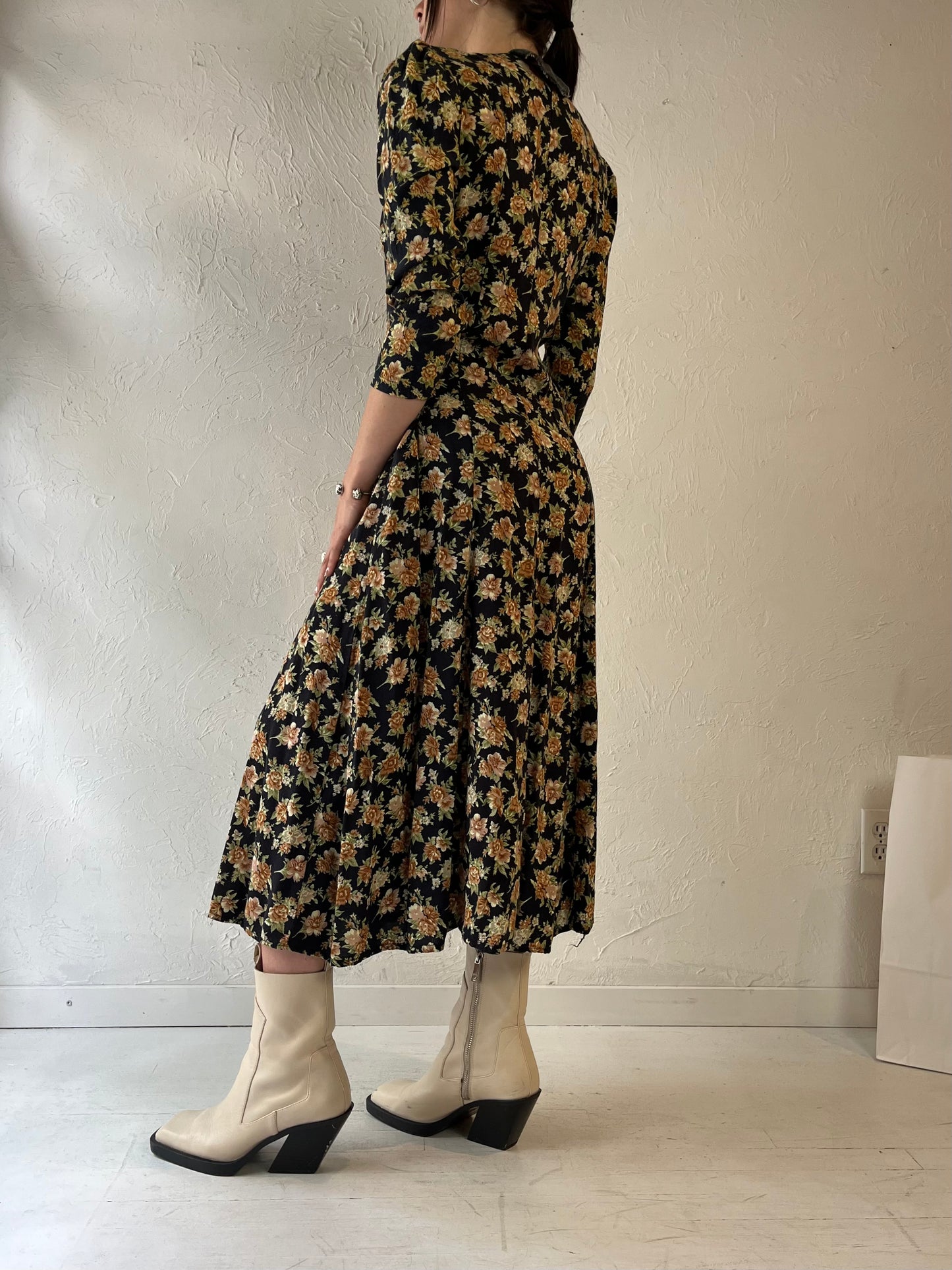 90s 'Chablis' Long Sleeve Floral Print Rayon Dress / Small