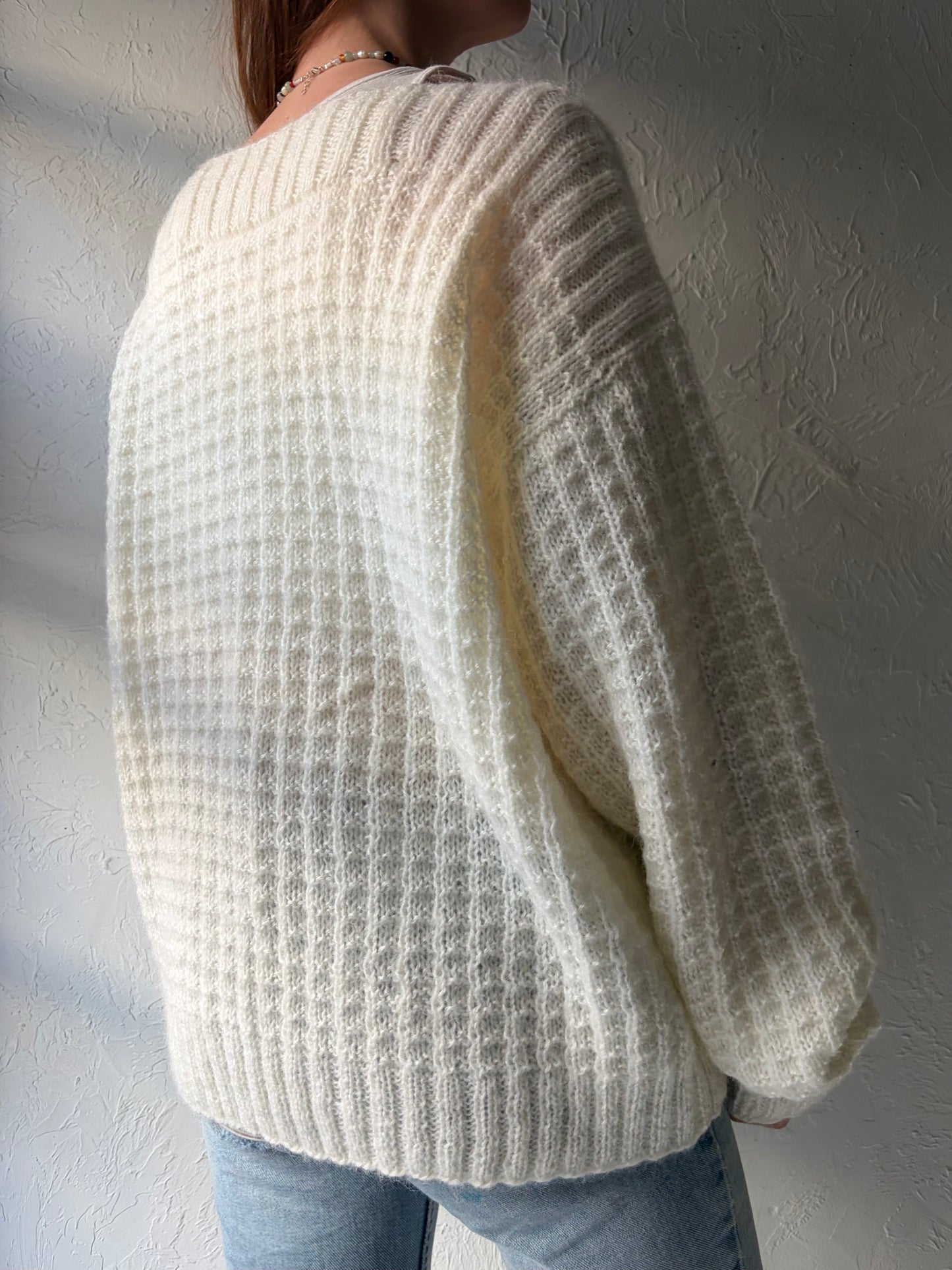 Vintage Oversized Hand Knit White Acrylic Sweater / Medium