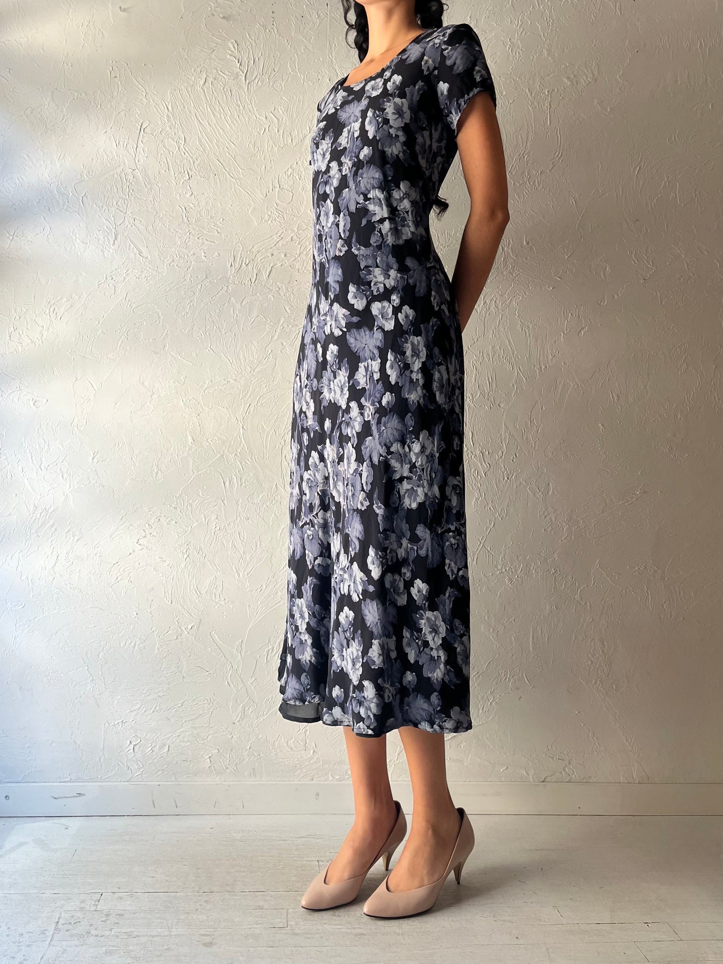 90s 'Jones & Co' Floral Print Rayon Midi Dress / Medium