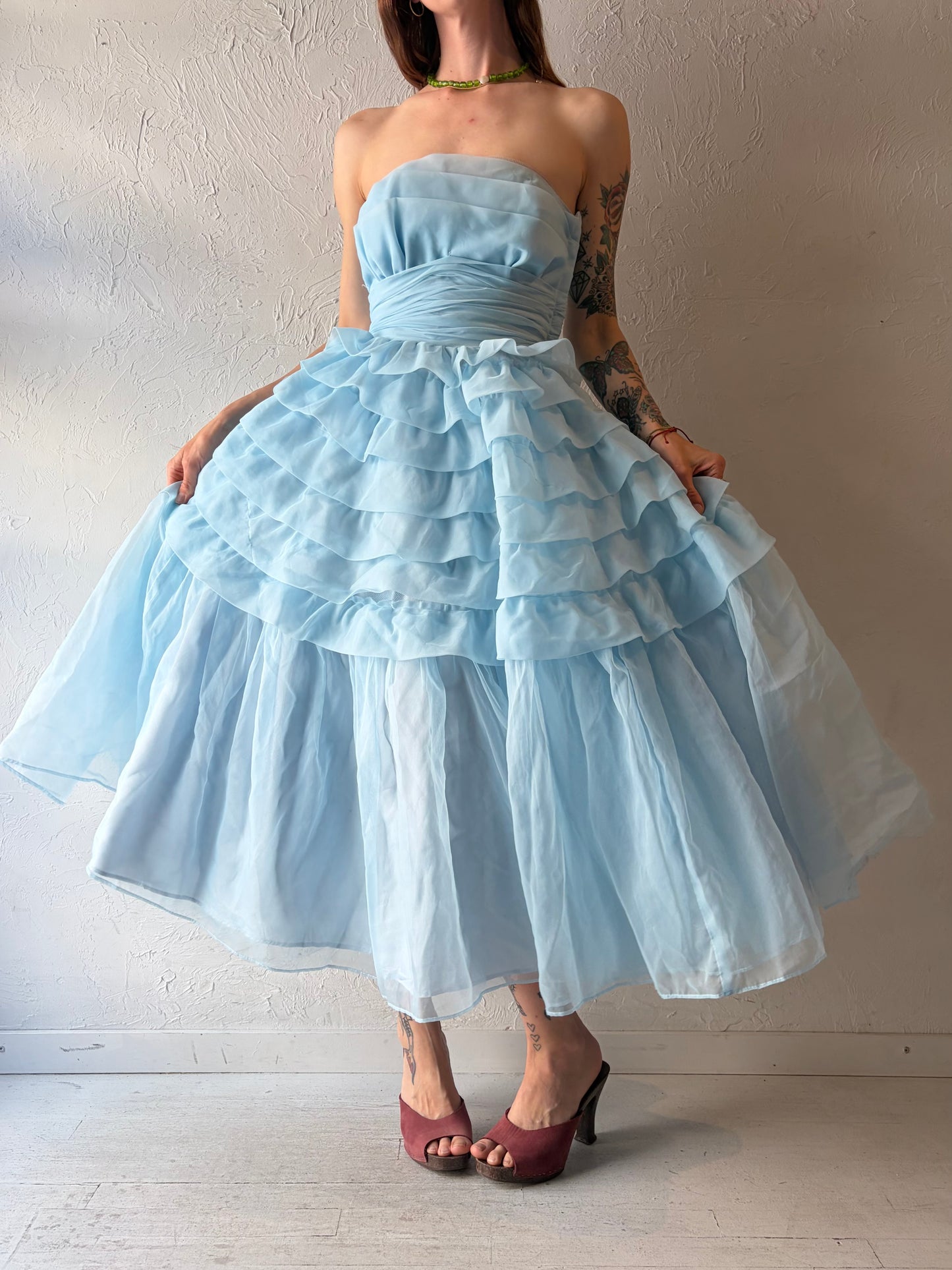 80s Baby Blue Strapless Ruffle Formal Party Dress / XS