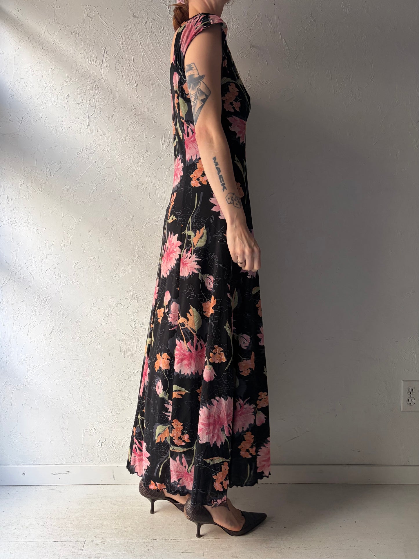 Y2k 'Zizi' Black Floral Fitted Goth Core Maxi Summer Dress / Medium