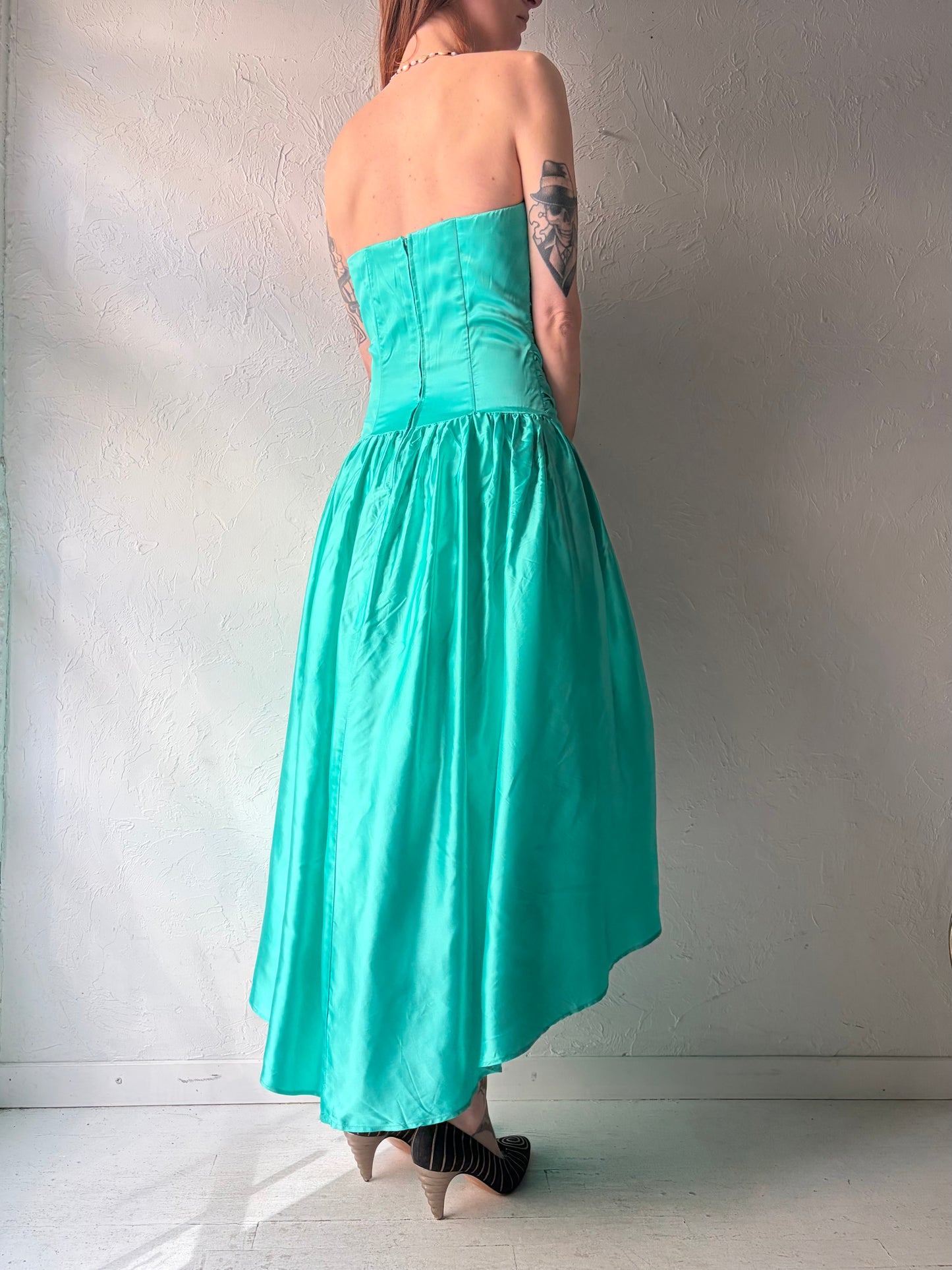 80s ‘Gunne Sax’ Green Asymmetrical Hem Formal Strapless Prom Dress / Small - Medium