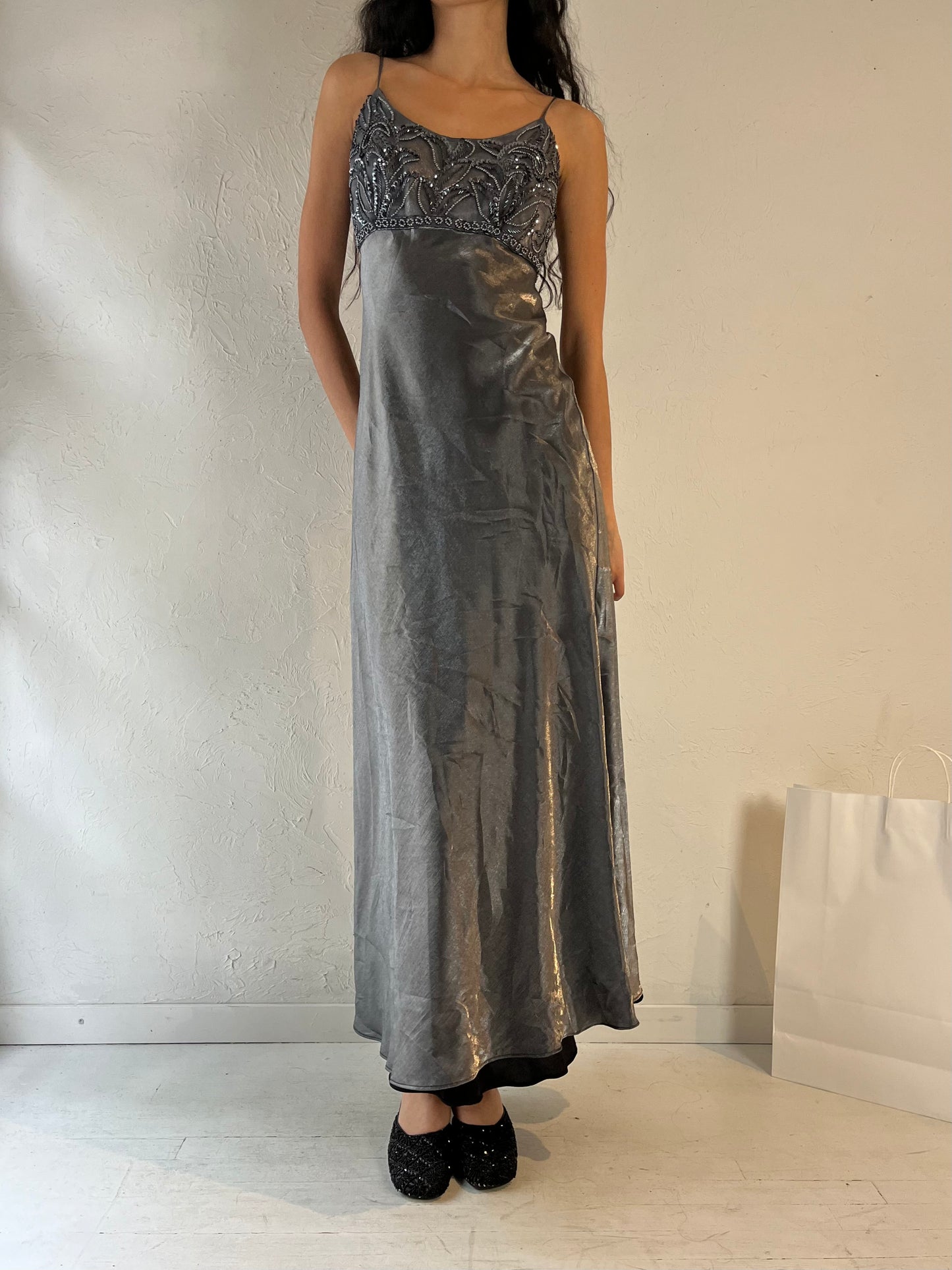 90s 'Faviana' Silver Formal Dress / Small