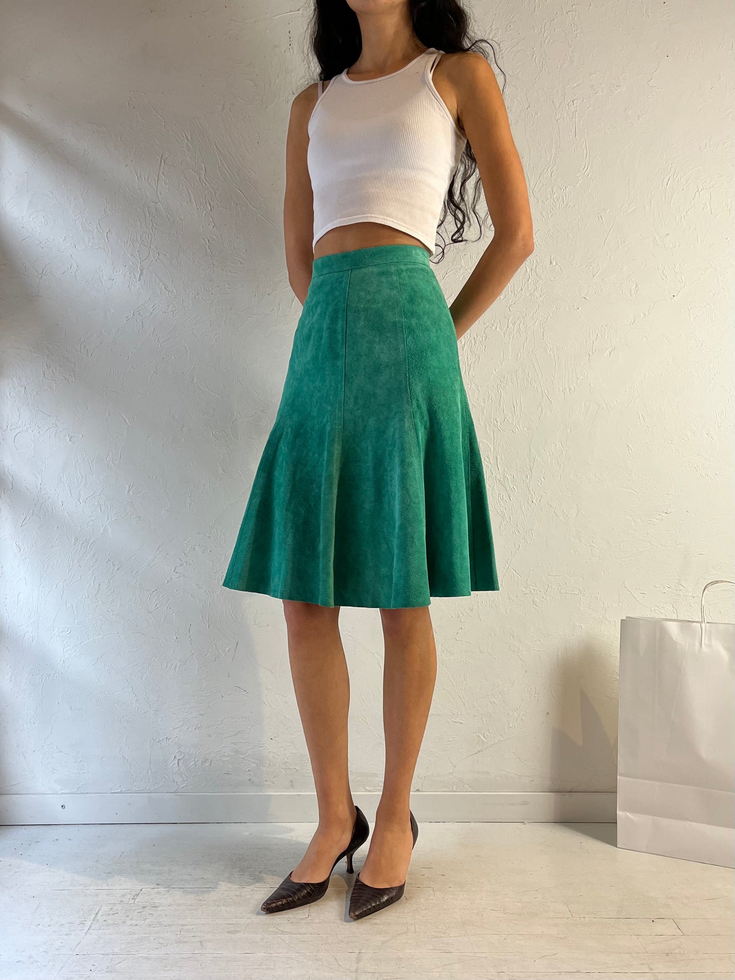 70s Green Suede Leather Midi Skirt / XS