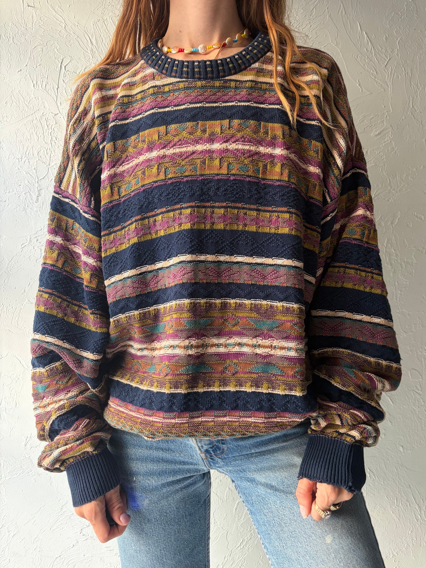 90s 'Tosani' Coogi Style Cotton Preppy Academia Crew Neck Retro Sweater / XL